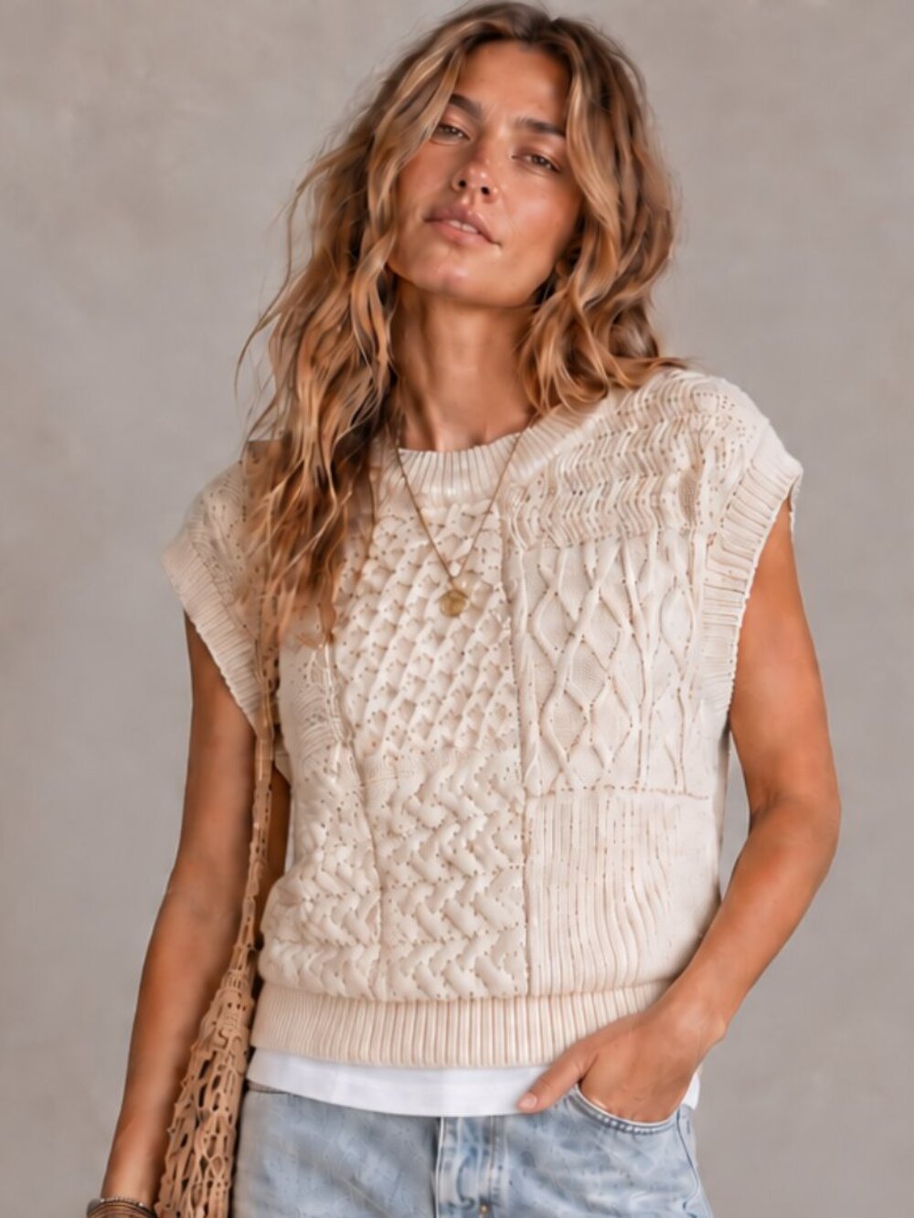 FREE PEOPLE Take The Plunge Knit Patchwork Sweater Vest Ivory Cream Size M EUC